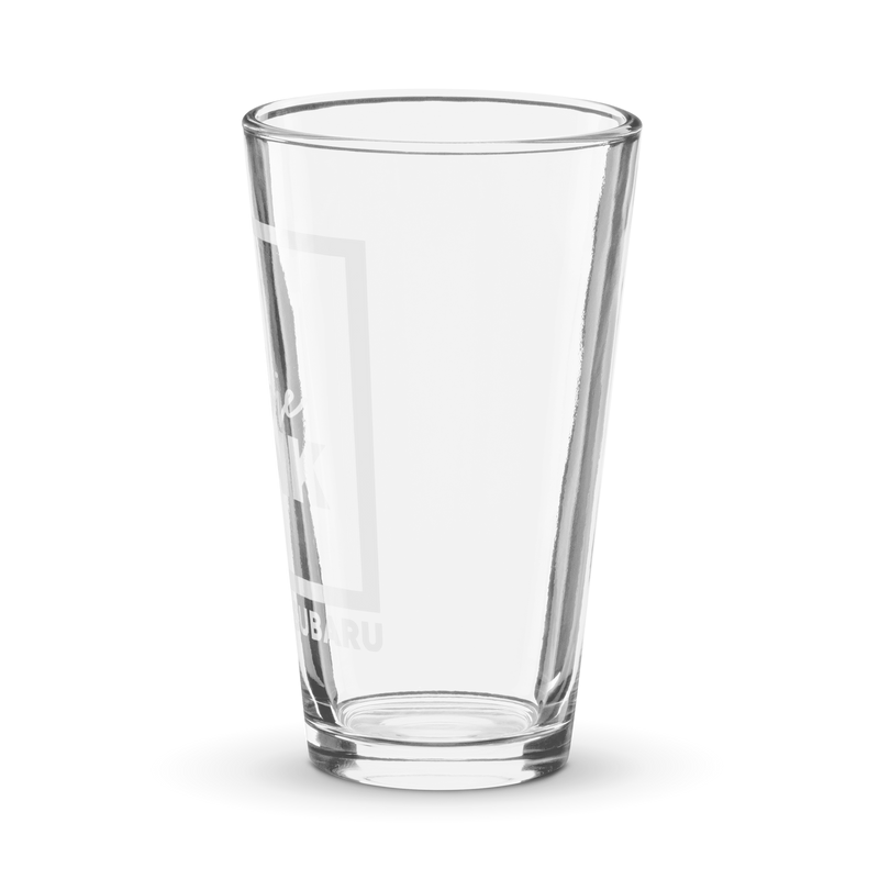 "Subie Ink X Grand Subaru" White Shaker pint glass